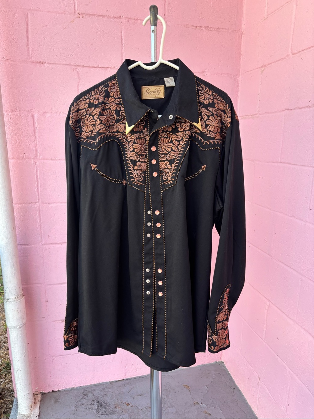 Scully Black Western Shirt with Copper Floral Embroidery